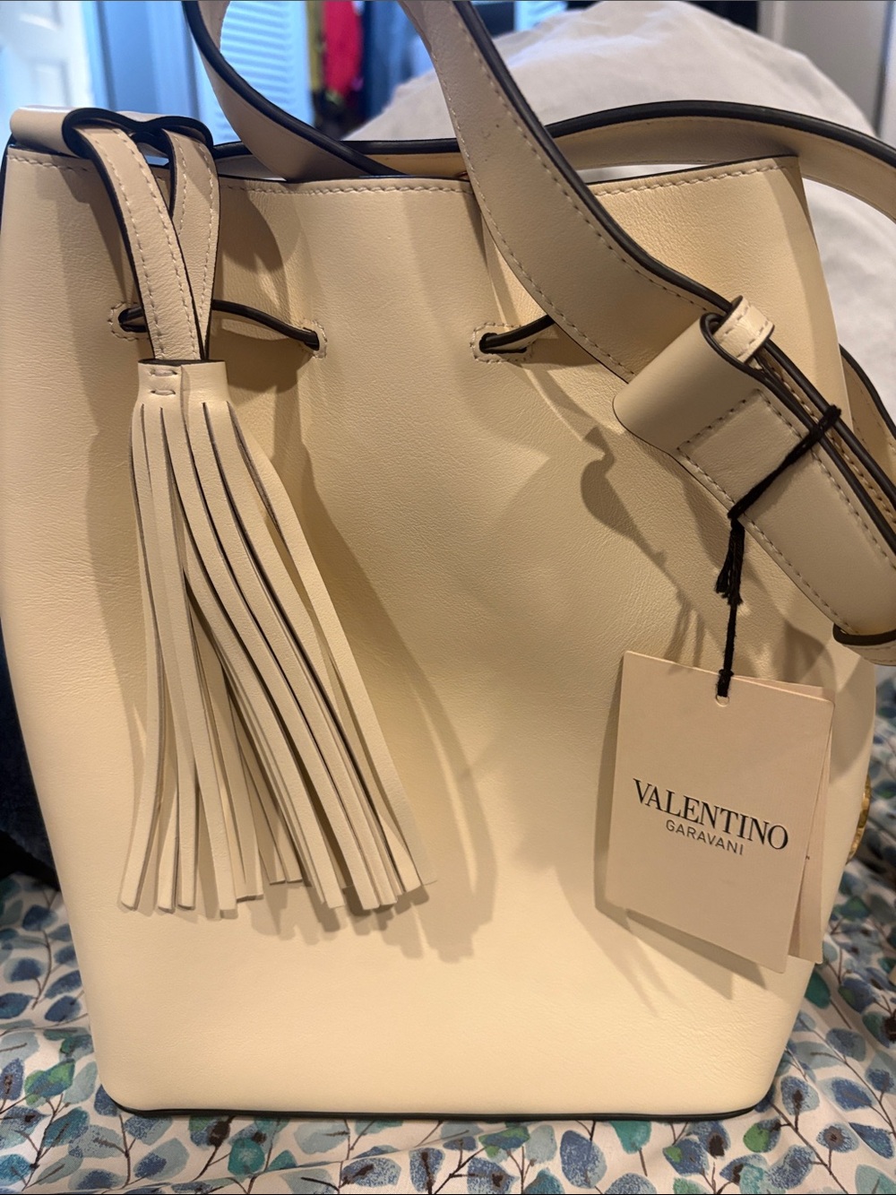 Valentino Garavani Cream Leather Tassel Tote